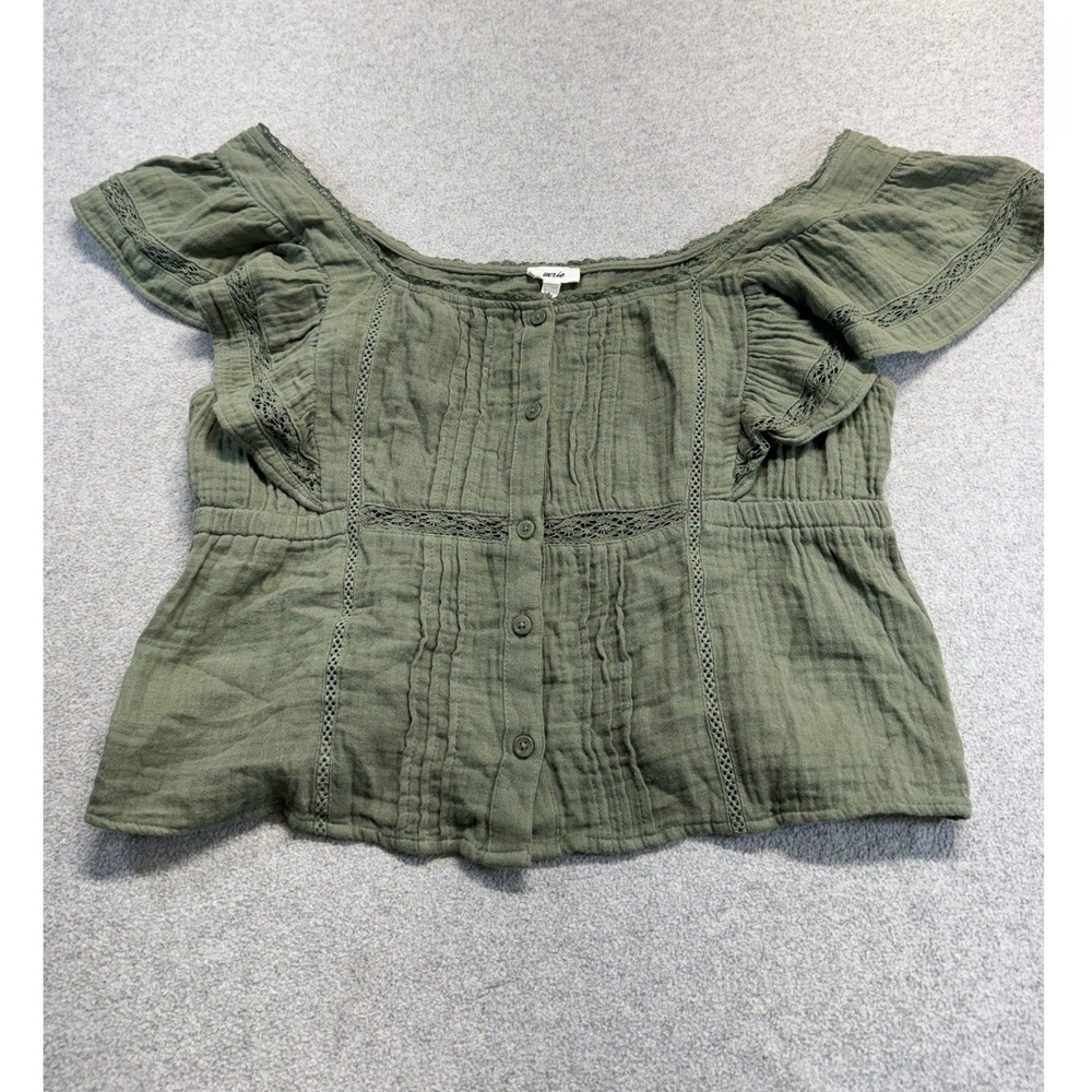 Aerie‎ Olive Green Gauze Crop Top Womens Large Boho Cottagecore Flutter Sleeve
